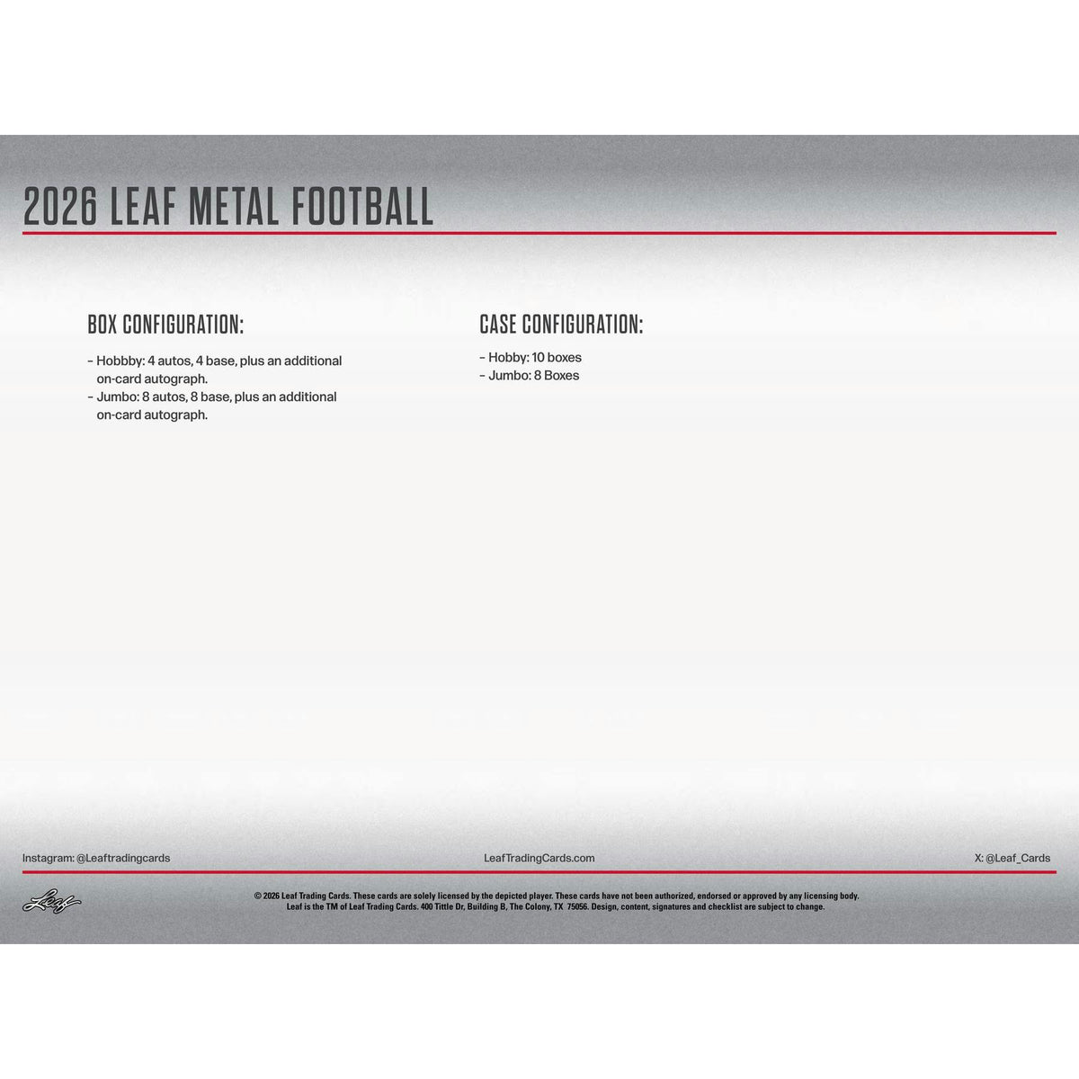 2026 Leaf Metal Football Hobby 10-Box Case