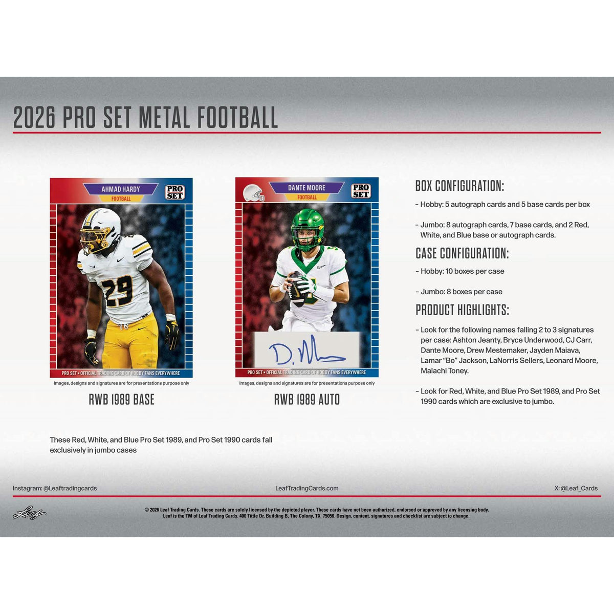 2026 Leaf Pro Set Metal Football Hobby Jumbo 8-Box Case