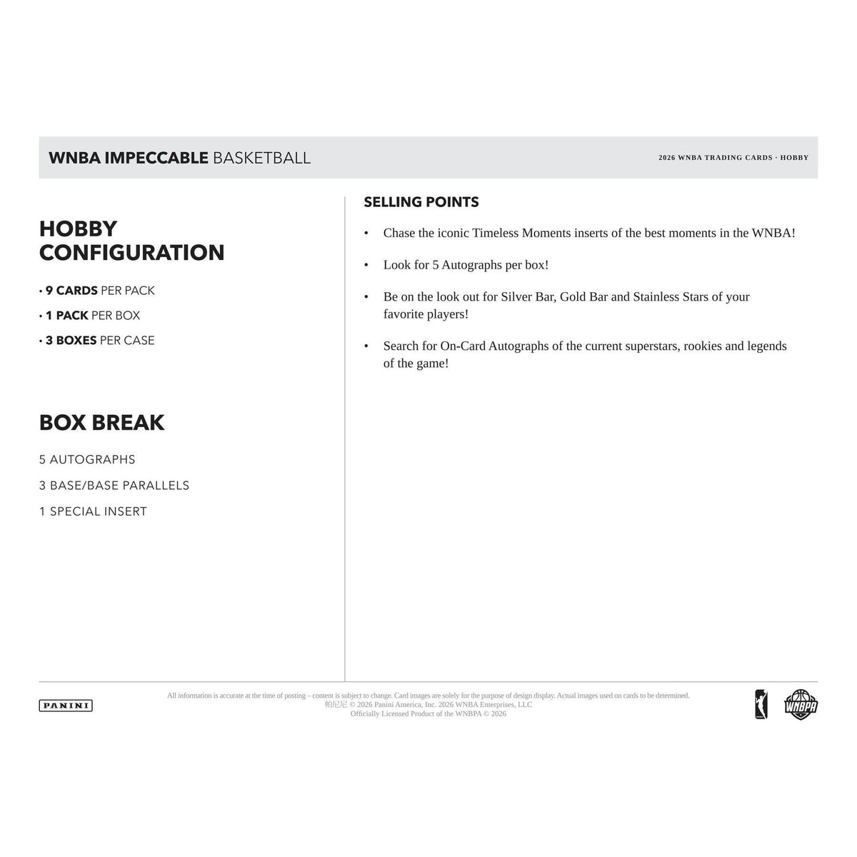 2026 Panini Impeccable WNBA Basketball Hobby Box (Presell)