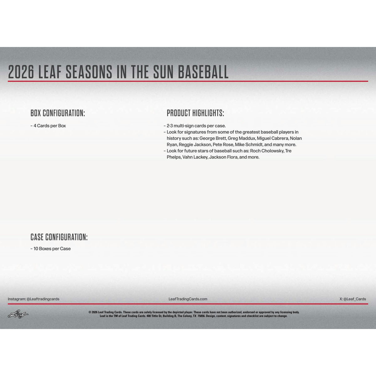 2026 Leaf Seasons in the Sun Baseball Hobby 10-Box Case