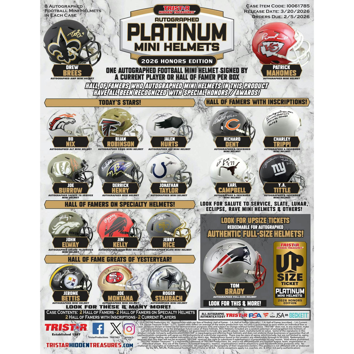 2026 TriStar Autographed Platinum Football Mini Helmets Honors Edition Hobby 8-Box Case