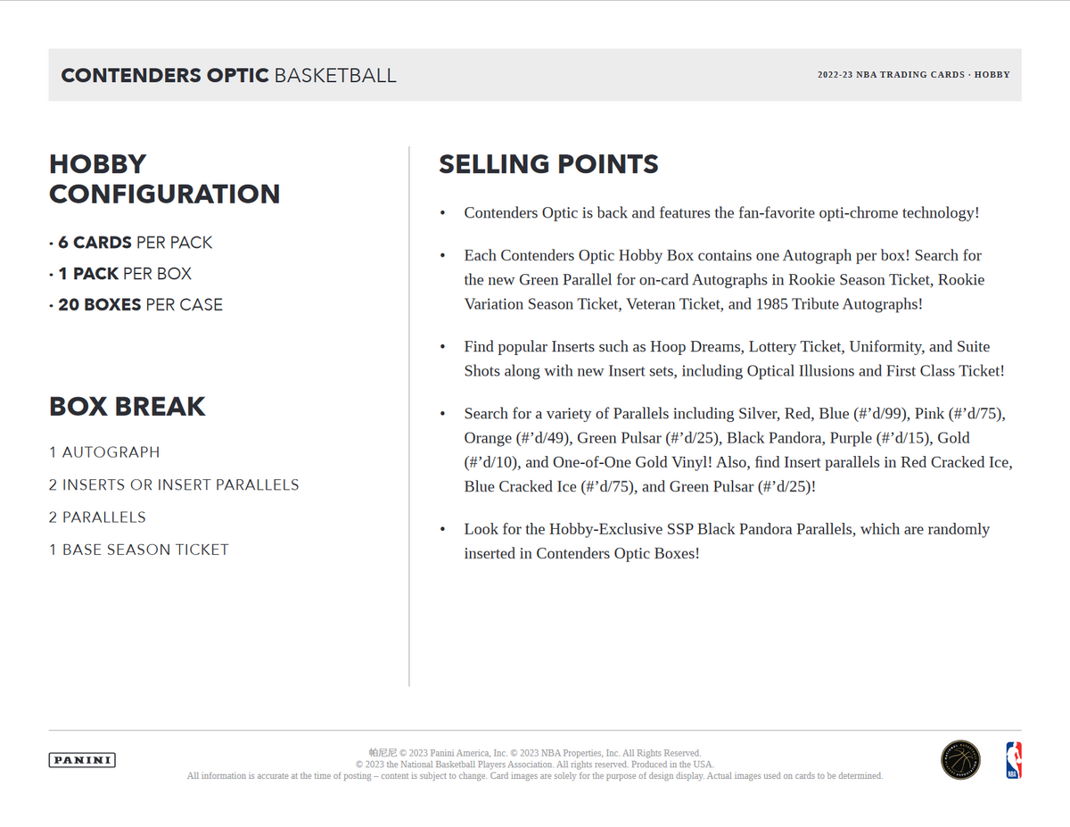2022-23 Panini Contenders Optic Basketball Hobby 20 Box Case
